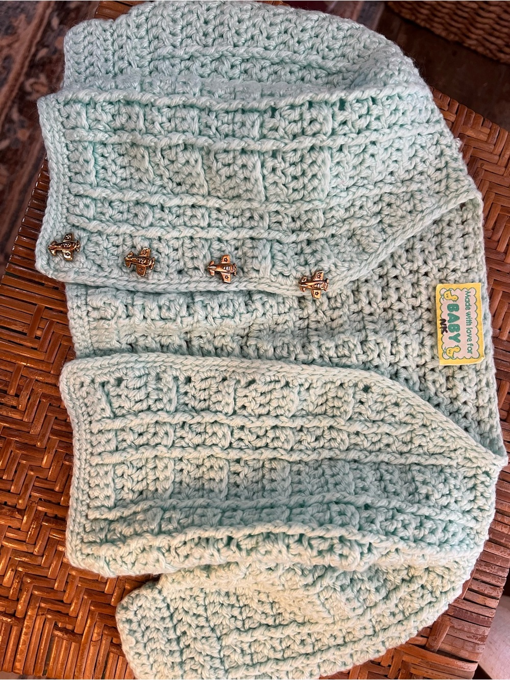 Handmade Baby Sweater Mint Green Airplane Buttons Crochet Cardigan
